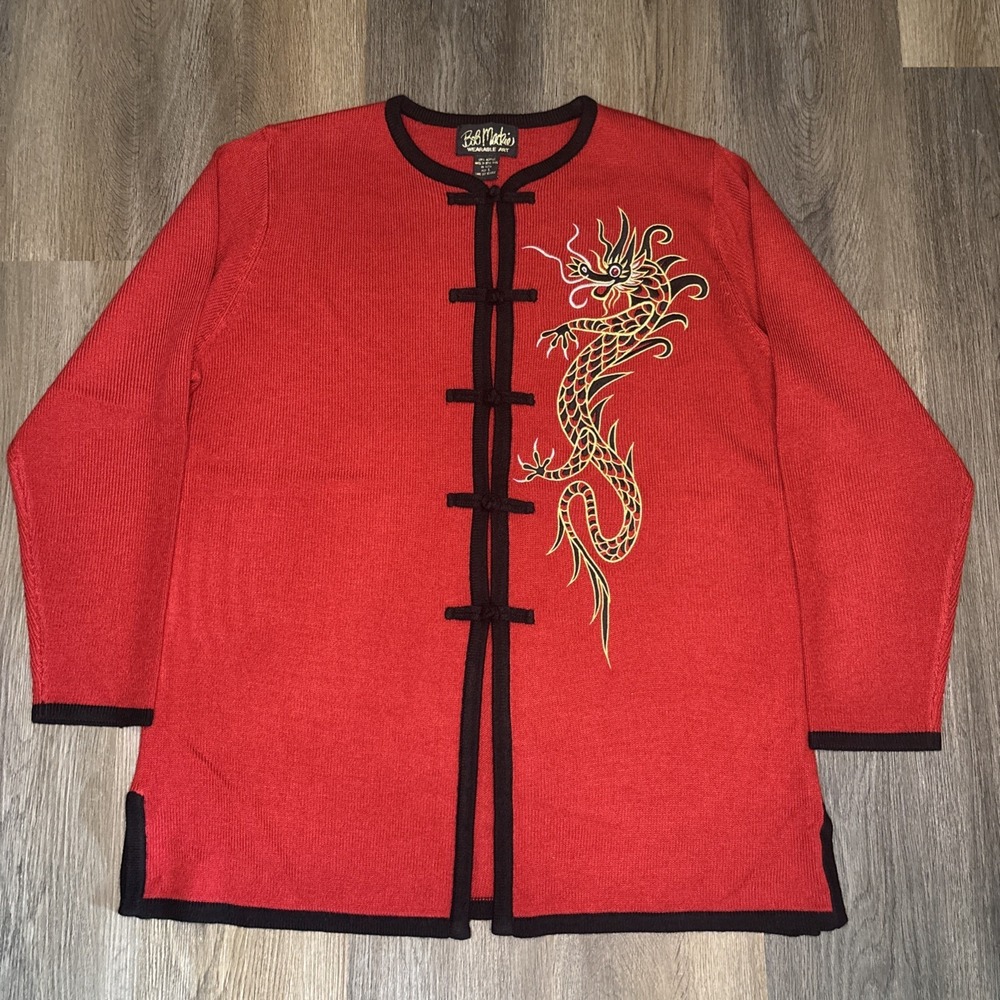 BOB MACKIE Wearable Art Sweater Women's Large Red Black Cardigan Dragon‎ Elegant